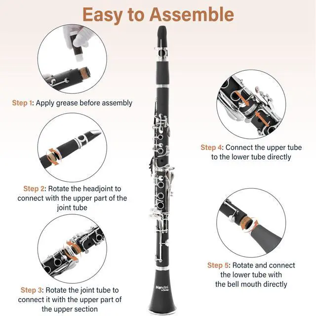 Alt view image 6 of 7 - Ebonite Bb Clarinet Kit for Beginner - Black | B Flat Clarinet Kit with 10 Reeds, Mouthpiece, Cork Grease, Hard Case, Stand, Pocketbook, Cleaning Cloth, Gloves