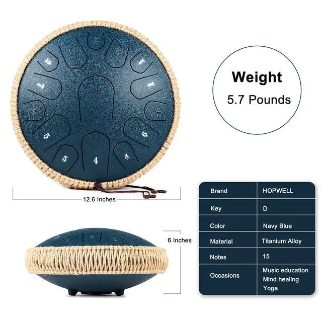 Alt view image 5 of 6 - Steel Tongue Drum - 13 Inches 15 Notes Tongue Drum - Hand Pan Drum with Music Book, Handpan Drums Mallets and Carry Bag, D Major (Navy Blue)