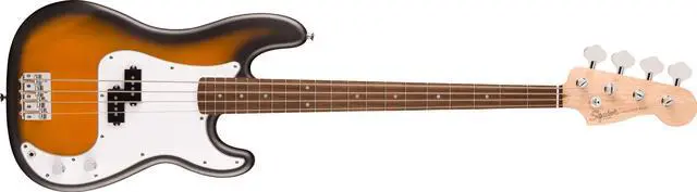 Main image of Squier Debut Series Beginner Precision Bass Guitar, 2-Color Sunburst | Starter bass guitar, free lessons included, matte sunburst finish, electric bass for beginners