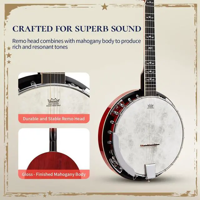 Alt view image 2 of 7 - Full-Sized Banjo Set: 38 5 String Banjo with Remo Head, Removable Resonator, Geared 5th Tuner, 24 Brackets, Deluxe Beginner Kit with Gig Bag, Strings, Strap, Picks, Tuner, Bridge Ruler