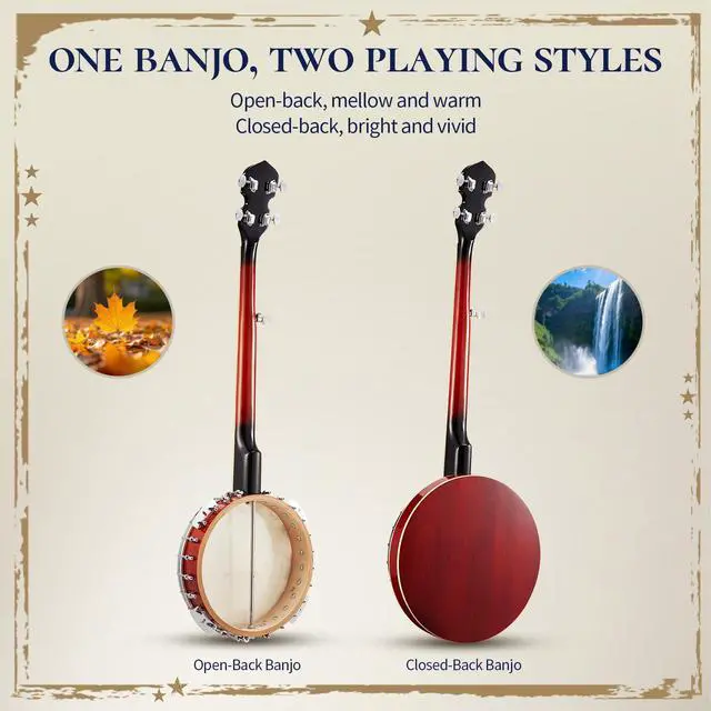 Alt view image 3 of 7 - Full-Sized Banjo Set: 38 5 String Banjo with Remo Head, Removable Resonator, Geared 5th Tuner, 24 Brackets, Deluxe Beginner Kit with Gig Bag, Strings, Strap, Picks, Tuner, Bridge Ruler