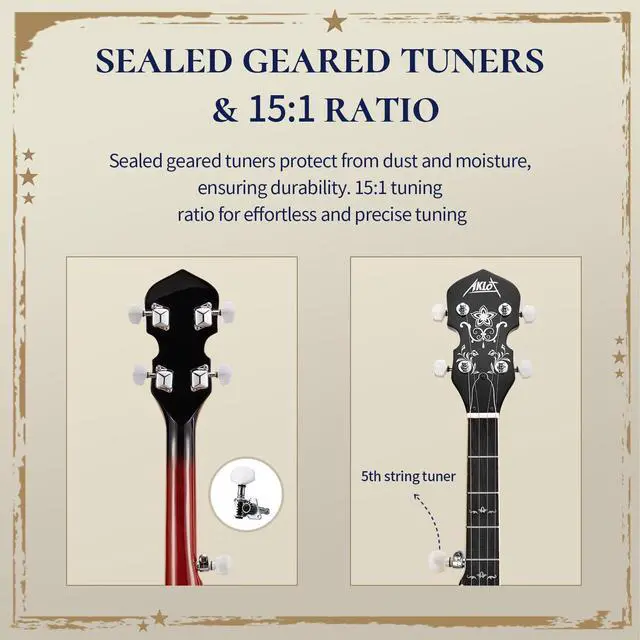 Alt view image 4 of 7 - Full-Sized Banjo Set: 38 5 String Banjo with Remo Head, Removable Resonator, Geared 5th Tuner, 24 Brackets, Deluxe Beginner Kit with Gig Bag, Strings, Strap, Picks, Tuner, Bridge Ruler