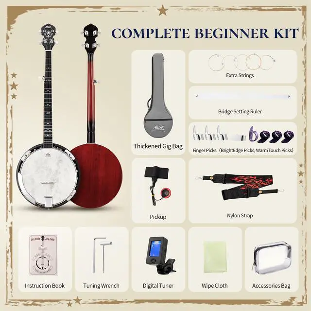 Alt view image 5 of 7 - Full-Sized Banjo Set: 38 5 String Banjo with Remo Head, Removable Resonator, Geared 5th Tuner, 24 Brackets, Deluxe Beginner Kit with Gig Bag, Strings, Strap, Picks, Tuner, Bridge Ruler