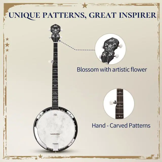 Alt view image 6 of 7 - Full-Sized Banjo Set: 38 5 String Banjo with Remo Head, Removable Resonator, Geared 5th Tuner, 24 Brackets, Deluxe Beginner Kit with Gig Bag, Strings, Strap, Picks, Tuner, Bridge Ruler