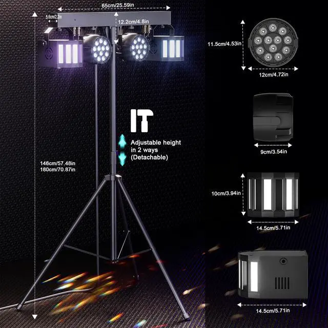 Alt view image 2 of 7 - 5 in 1 Dj Lights with Stand 5.9ft,Led Dj Par Light+Effect Strobe Light Disco Party Lights for Parties Indoor Sound Activated DMX Wireless Control Mobile Stage Lighting with Carry Bag (Black 1PC)