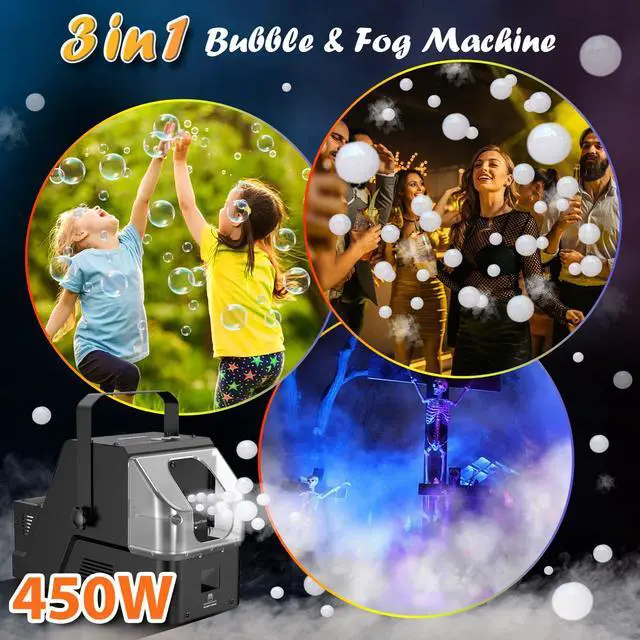 Alt view image 2 of 7 - Bubble Fog Machine, 3-in-1 Bubble Fogger with Remote Control | 450W Power, Durable Metal Housing, Colorful Bubbles / Fog Bubbles / Continuous Fog, Perfect for Stage Wedding Halloween Party