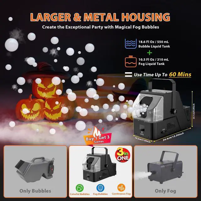 Alt view image 4 of 7 - Bubble Fog Machine, 3-in-1 Bubble Fogger with Remote Control | 450W Power, Durable Metal Housing, Colorful Bubbles / Fog Bubbles / Continuous Fog, Perfect for Stage Wedding Halloween Party