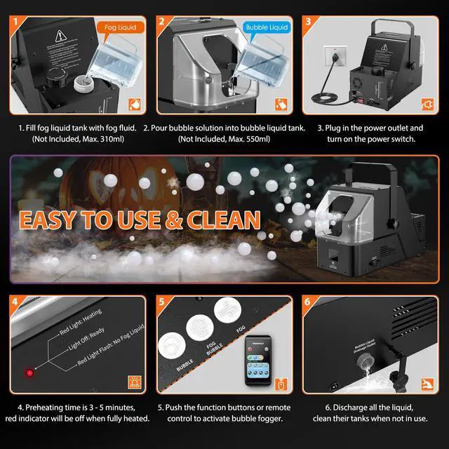 Alt view image 5 of 7 - Bubble Fog Machine, 3-in-1 Bubble Fogger with Remote Control | 450W Power, Durable Metal Housing, Colorful Bubbles / Fog Bubbles / Continuous Fog, Perfect for Stage Wedding Halloween Party
