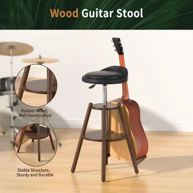 Alt view image 4 of 6 - Wooden Guitar Stool Chair with Adjustable Height & Guitar Strap | Guitar Chair Seat with Padded Cushion, Footrest for Guitar Player Musician, Guitar Stand Holds Acoustic Electric Guitars Bass