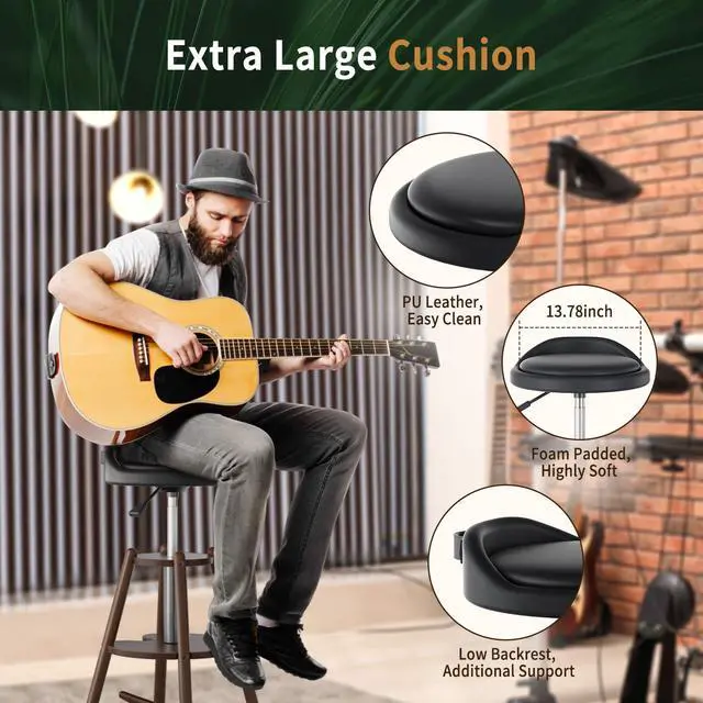 Alt view image 3 of 6 - Wooden Guitar Stool Chair with Adjustable Height & Guitar Strap | Guitar Chair Seat with Padded Cushion, Footrest for Guitar Player Musician, Guitar Stand Holds Acoustic Electric Guitars Bass