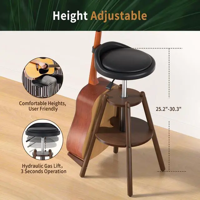 Alt view image 5 of 6 - Wooden Guitar Stool Chair with Adjustable Height & Guitar Strap | Guitar Chair Seat with Padded Cushion, Footrest for Guitar Player Musician, Guitar Stand Holds Acoustic Electric Guitars Bass
