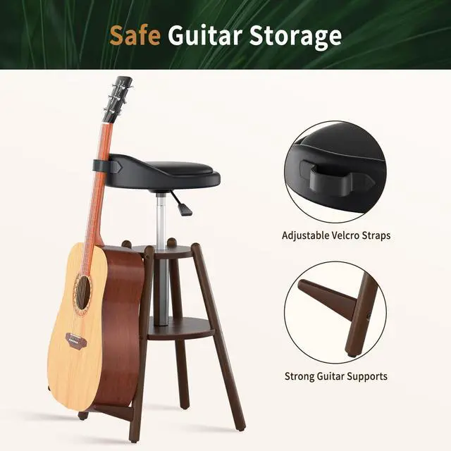 Alt view image 6 of 6 - Wooden Guitar Stool Chair with Adjustable Height & Guitar Strap | Guitar Chair Seat with Padded Cushion, Footrest for Guitar Player Musician, Guitar Stand Holds Acoustic Electric Guitars Bass