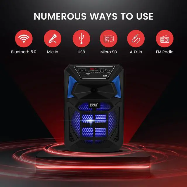 Alt view image 3 of 7 - Bluetooth PA Speaker & Microphone System - Portable Karaoke Speaker with Wired Mic, Built-in LED Party Lights, FM Radio, MP3/USB/Micro SD Readers, Speaker Stand (8 Subwoofer, 400 Watt MAX)
