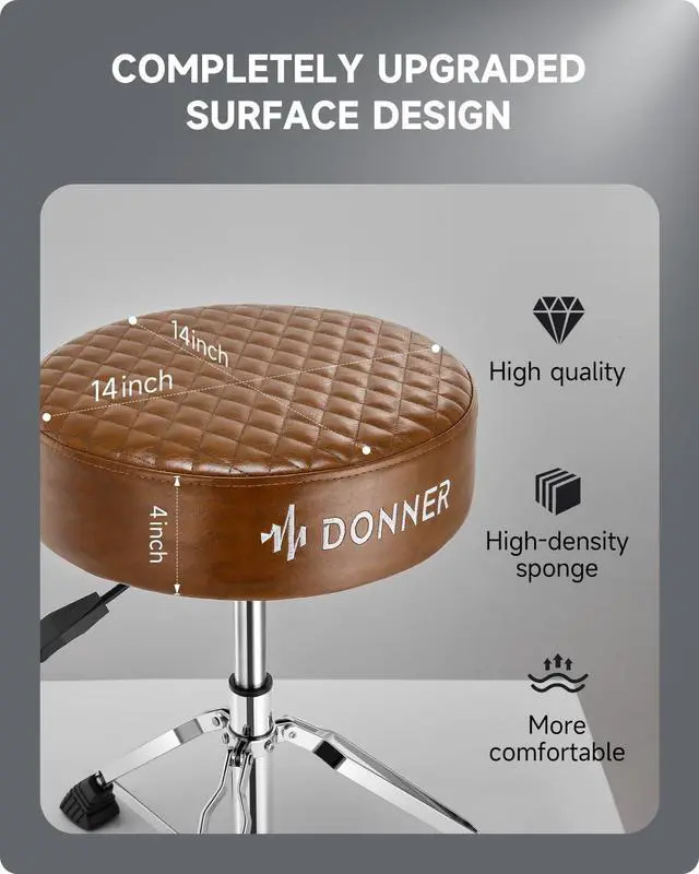 Alt view image 3 of 6 - Drum Throne Seat DT-150, Professional Drum Stool - Adjustable Hydraulic Height, Thick Padded Anti-Slip Cushion, Double-Braced Stability, Brown