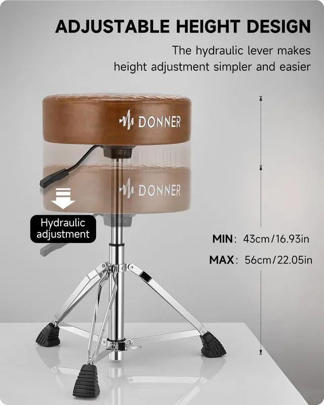 Alt view image 4 of 6 - Drum Throne Seat DT-150, Professional Drum Stool - Adjustable Hydraulic Height, Thick Padded Anti-Slip Cushion, Double-Braced Stability, Brown