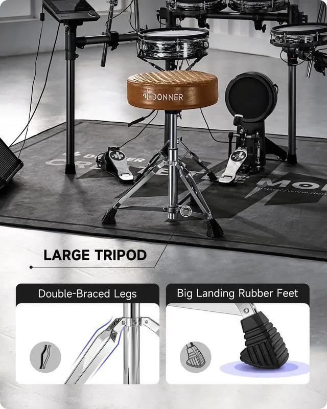 Alt view image 6 of 6 - Drum Throne Seat DT-150, Professional Drum Stool - Adjustable Hydraulic Height, Thick Padded Anti-Slip Cushion, Double-Braced Stability, Brown
