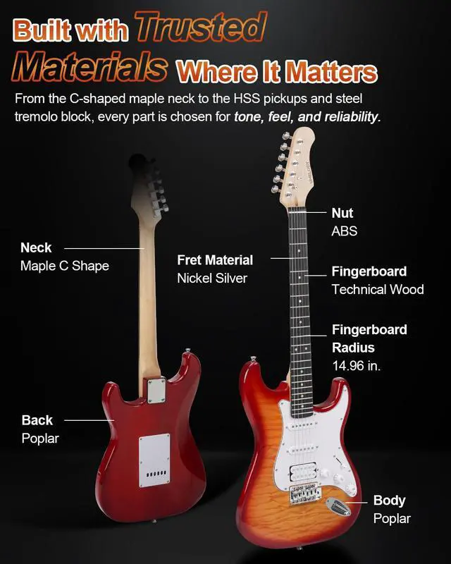 Alt view image 4 of 7 - UST-200 Beginner Electric Guitar Kit HSS Pickup, Versatile 5-Way Switch for Clean to High-Gain Tone, Full-Size ST Style Guitar for Starter & Intermediate Players, Gig Bag, Digital Tuner Amber