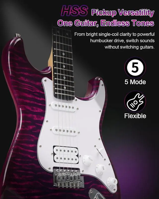 Alt view image 2 of 7 - UST-200 Beginner Electric Guitar Kit HSS Pickup, Versatile 5-Way Switch for Clean to High-Gain Tone, Full-Size ST Style Guitar for Starter & Intermediate Players, Gig Bag, Digital Tuner Purple