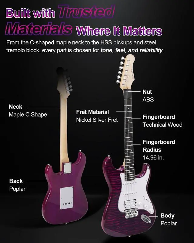 Alt view image 4 of 7 - UST-200 Beginner Electric Guitar Kit HSS Pickup, Versatile 5-Way Switch for Clean to High-Gain Tone, Full-Size ST Style Guitar for Starter & Intermediate Players, Gig Bag, Digital Tuner Purple