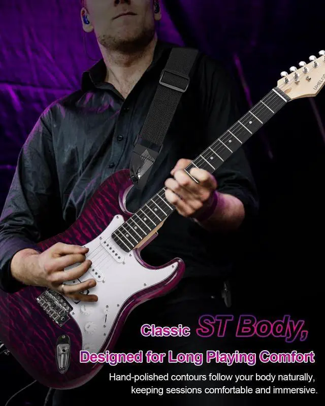 Alt view image 5 of 7 - UST-200 Beginner Electric Guitar Kit HSS Pickup, Versatile 5-Way Switch for Clean to High-Gain Tone, Full-Size ST Style Guitar for Starter & Intermediate Players, Gig Bag, Digital Tuner Purple