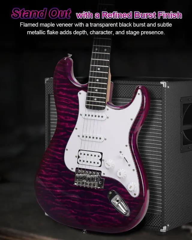 Alt view image 6 of 7 - UST-200 Beginner Electric Guitar Kit HSS Pickup, Versatile 5-Way Switch for Clean to High-Gain Tone, Full-Size ST Style Guitar for Starter & Intermediate Players, Gig Bag, Digital Tuner Purple