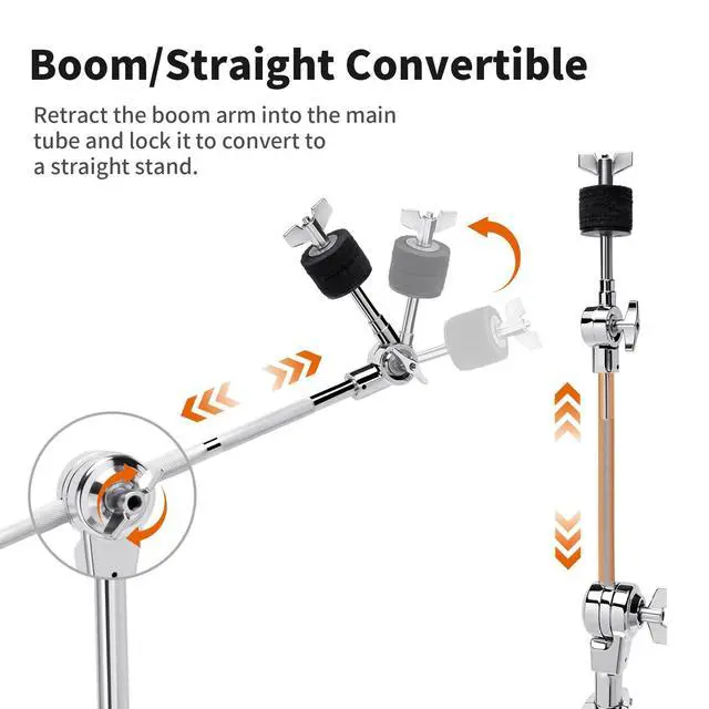 Alt view image 4 of 7 - 2 Pack Heavy Duty Boom/Straight 2-in-1 Convertible Cymbal Stand | Upgraded Height Adjustable Drum Hardware with Double Braced Legs for Heavy Ride, Crash and Splash Cymbals