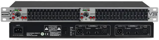 Main image of Graphic Equalizer 15-Band Stereo EQ for Home Audio, Dual Channel Professional Silver DJ Equalizer, Noise Reduction 1U Rack Mount (EQ-215S)