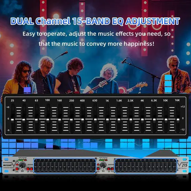 Alt view image 3 of 7 - Graphic Equalizer 15-Band Stereo EQ for Home Audio, Dual Channel Professional Silver DJ Equalizer, Noise Reduction 1U Rack Mount (EQ-215S)