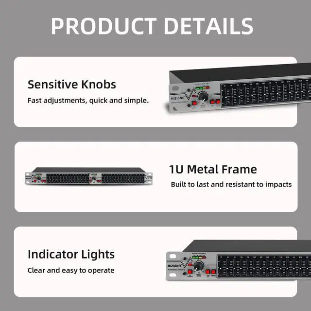 Alt view image 4 of 7 - Graphic Equalizer 15-Band Stereo EQ for Home Audio, Dual Channel Professional Silver DJ Equalizer, Noise Reduction 1U Rack Mount (EQ-215S)