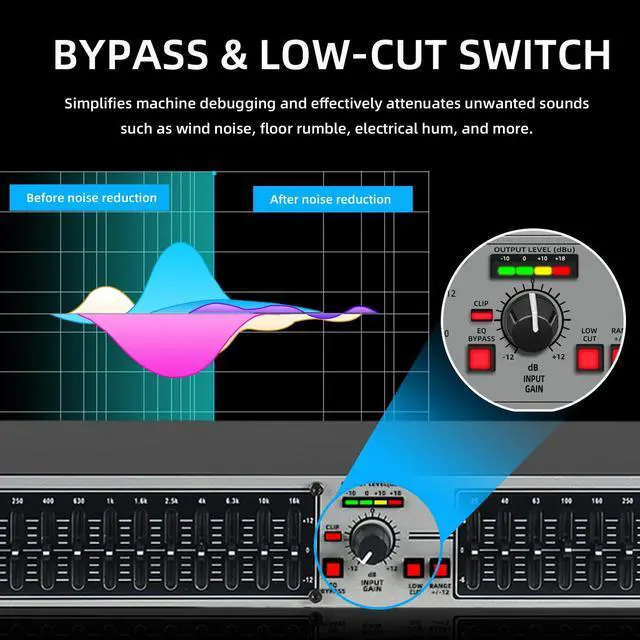Alt view image 5 of 7 - Graphic Equalizer 15-Band Stereo EQ for Home Audio, Dual Channel Professional Silver DJ Equalizer, Noise Reduction 1U Rack Mount (EQ-215S)