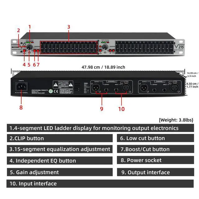 Alt view image 7 of 7 - Graphic Equalizer 15-Band Stereo EQ for Home Audio, Dual Channel Professional Silver DJ Equalizer, Noise Reduction 1U Rack Mount (EQ-215S)