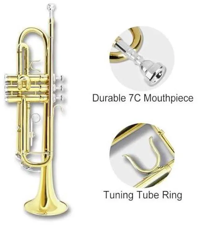 Alt view image 5 of 7 - Bb Standard Trumpet Set for Beginner or Advance Student, Brass Student Trumpet Instrument With Hard Case, 7C Mouthpiece, Cleaning Kit,White Gloves Glod