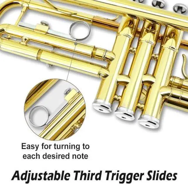 Alt view image 3 of 7 - Bb Standard Trumpet Set for Beginner or Advance Student, Brass Student Trumpet Instrument With Hard Case, 7C Mouthpiece, Cleaning Kit,White Gloves Glod