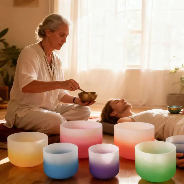 Alt view image 2 of 7 - 432Hz 6"-12" Gradient Design Crystal Singing Bowl Set of 7 | Quartz Sound Bowls for Chakra Balancing, Meditation, Sound Bath, Yoga, Reiki & Sound Therapy