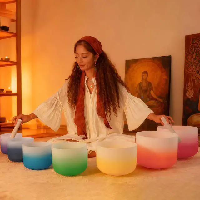 Alt view image 5 of 7 - 432Hz 6"-12" Gradient Design Crystal Singing Bowl Set of 7 | Quartz Sound Bowls for Chakra Balancing, Meditation, Sound Bath, Yoga, Reiki & Sound Therapy