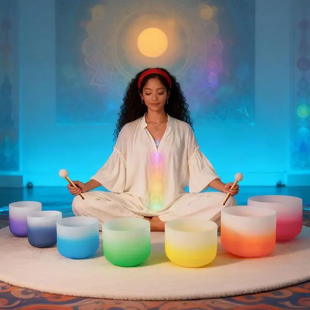 Alt view image 6 of 7 - 432Hz 6"-12" Gradient Design Crystal Singing Bowl Set of 7 | Quartz Sound Bowls for Chakra Balancing, Meditation, Sound Bath, Yoga, Reiki & Sound Therapy