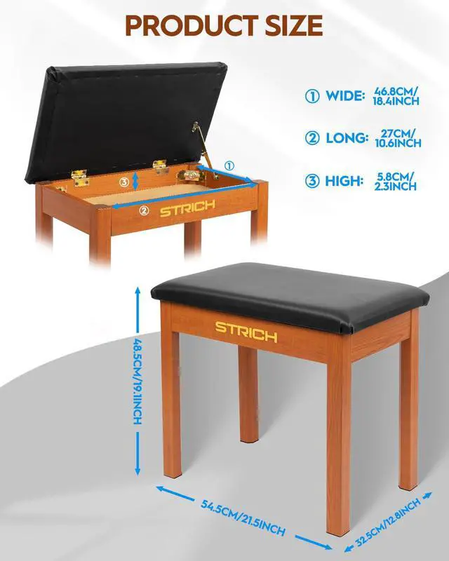 Alt view image 3 of 7 - Piano Bench with Storage, Solid Wood Keyboard Bench Piano Bookcase Stool Chair Seat with Padded Cushion, Mahogany Color