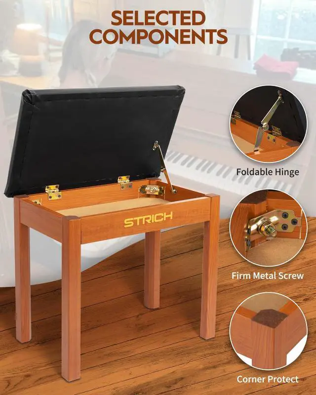 Alt view image 5 of 7 - Piano Bench with Storage, Solid Wood Keyboard Bench Piano Bookcase Stool Chair Seat with Padded Cushion, Mahogany Color