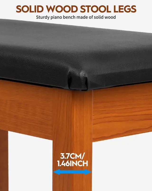 Alt view image 7 of 7 - Piano Bench with Storage, Solid Wood Keyboard Bench Piano Bookcase Stool Chair Seat with Padded Cushion, Mahogany Color