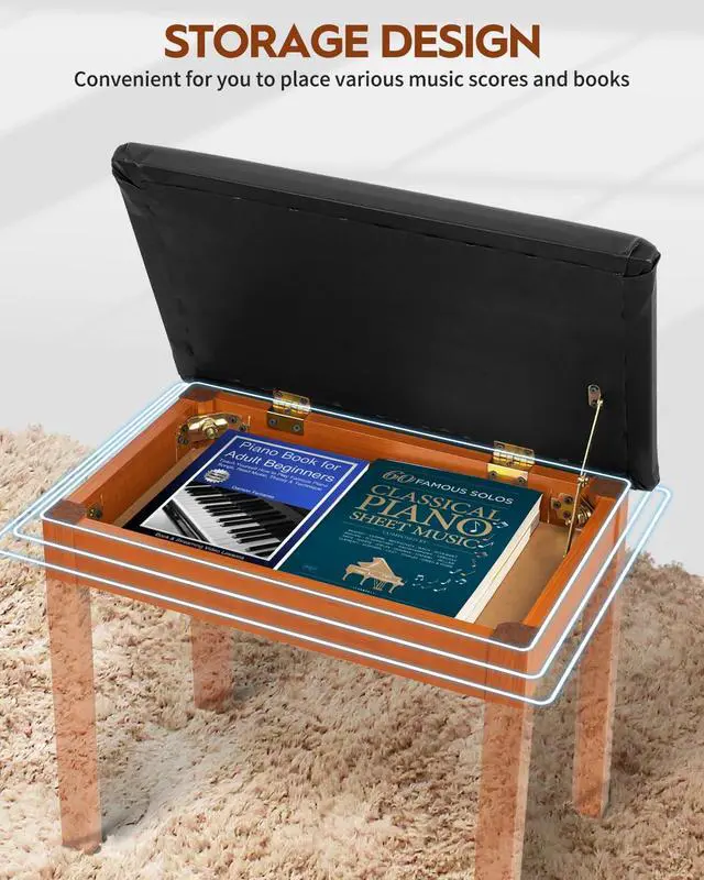 Alt view image 4 of 7 - Piano Bench with Storage, Solid Wood Keyboard Bench Piano Bookcase Stool Chair Seat with Padded Cushion, Mahogany Color