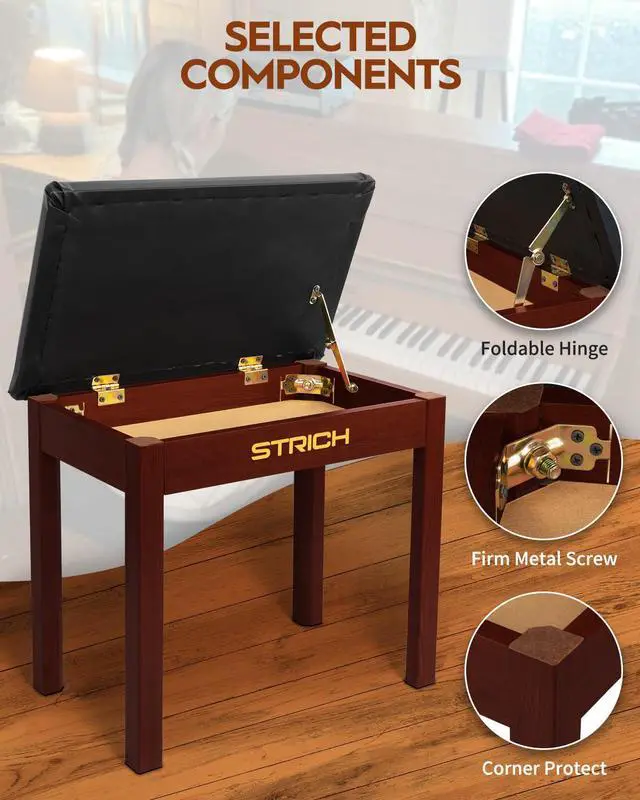 Alt view image 4 of 7 - Piano Bench with Storage, Solid Wood Keyboard Bench Piano Bookcase Stool Chair Seat with Padded Cushion, Deep Brown