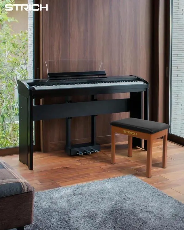 Alt view image 2 of 7 - Piano Bench with Storage, Solid Wood Keyboard Bench Piano Bookcase Stool Chair Seat with Padded Cushion, Mahogany Color