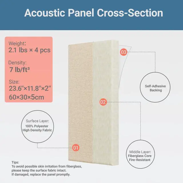 Alt view image 4 of 7 - 4 Pack High-Density Core with Fabric Cover Acoustic Panels 24×12×2 in Self-Adhesive Soundproofing and Sound-Absorbing Wall Panels for Echo Reduction in Studio, Theater, or Recording (Cocoa Beige)