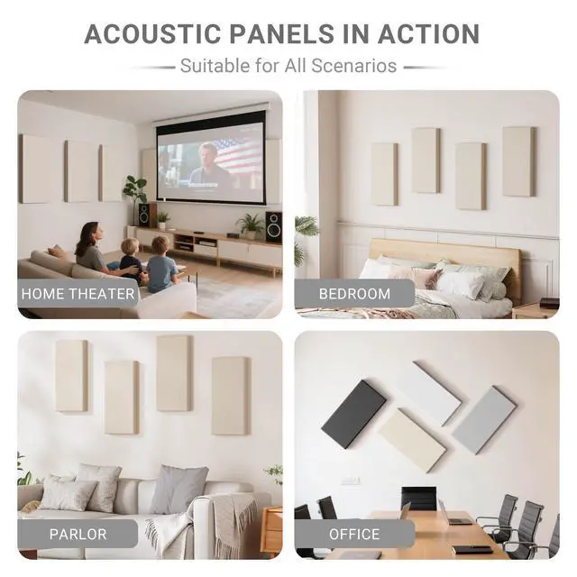 Alt view image 6 of 7 - 4 Pack High-Density Core with Fabric Cover Acoustic Panels 24×12×2 in Self-Adhesive Soundproofing and Sound-Absorbing Wall Panels for Echo Reduction in Studio, Theater, or Recording (Cocoa Beige)