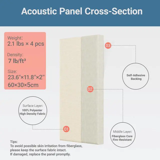 Alt view image 4 of 7 - 4 Pack High-Density Core with Fabric Cover Acoustic Panels 24×12×2 In Self-Adhesive Soundproofing and Sound-Absorbing Wall Panels for Echo Reduction in Studio, Theater, or Recording (Soft Camel)