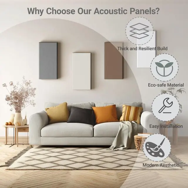 Alt view image 5 of 7 - 4 Pack High-Density Core with Fabric Cover Acoustic Panels 24×12×2 In Self-Adhesive Soundproofing and Sound-Absorbing Wall Panels for Echo Reduction in Studio, Theater, or Recording (Soft Camel)