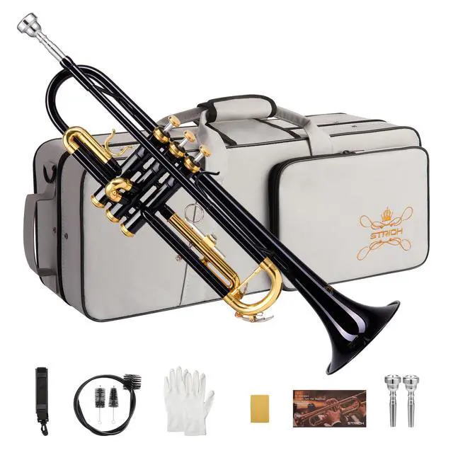 Main image of Bb Standard Trumpet Set for Beginners, Brass Student Trumpet Instrument with Hard Case, Cleaning Kit, 7C & 3C Mouthpieces, Gloves, STR-130B, Black