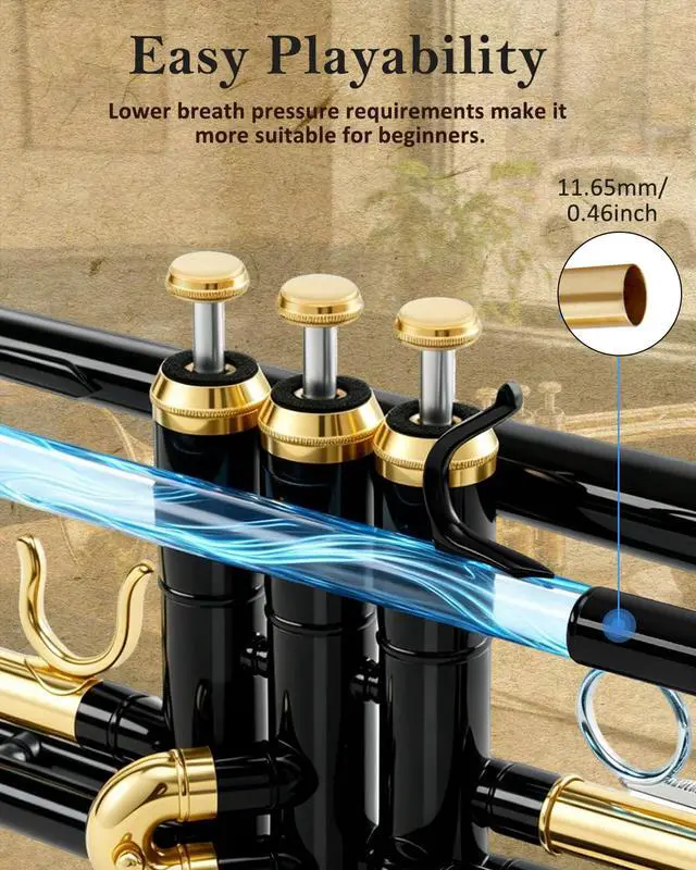 Alt view image 4 of 7 - Bb Standard Trumpet Set for Beginners, Brass Student Trumpet Instrument with Hard Case, Cleaning Kit, 7C & 3C Mouthpieces, Gloves, STR-130B, Black