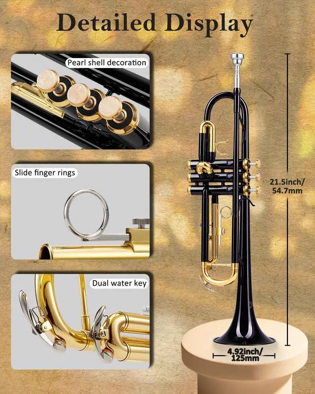 Alt view image 6 of 7 - Bb Standard Trumpet Set for Beginners, Brass Student Trumpet Instrument with Hard Case, Cleaning Kit, 7C & 3C Mouthpieces, Gloves, STR-130B, Black