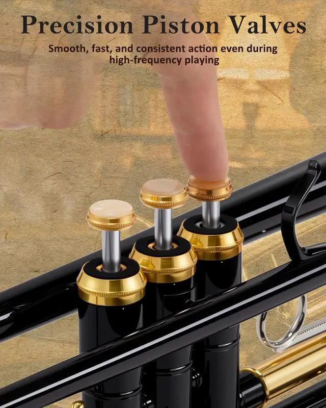 Alt view image 5 of 7 - Bb Standard Trumpet Set for Beginners, Brass Student Trumpet Instrument with Hard Case, Cleaning Kit, 7C & 3C Mouthpieces, Gloves, STR-130B, Black